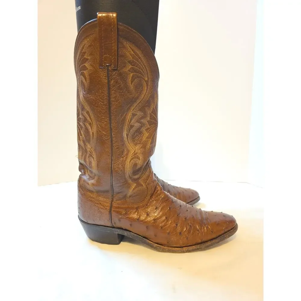 Vtg Dan Post Mens 9.5 Ew Brown Ostrich Leather Cowboy Boots